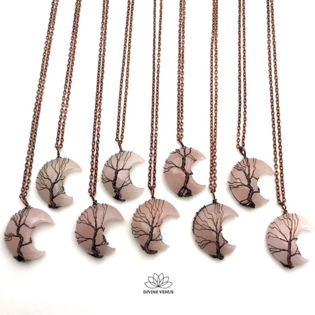 Rose Quartz Necklace Wire Wrapped Moon Shaped Red Copper Chain 26$